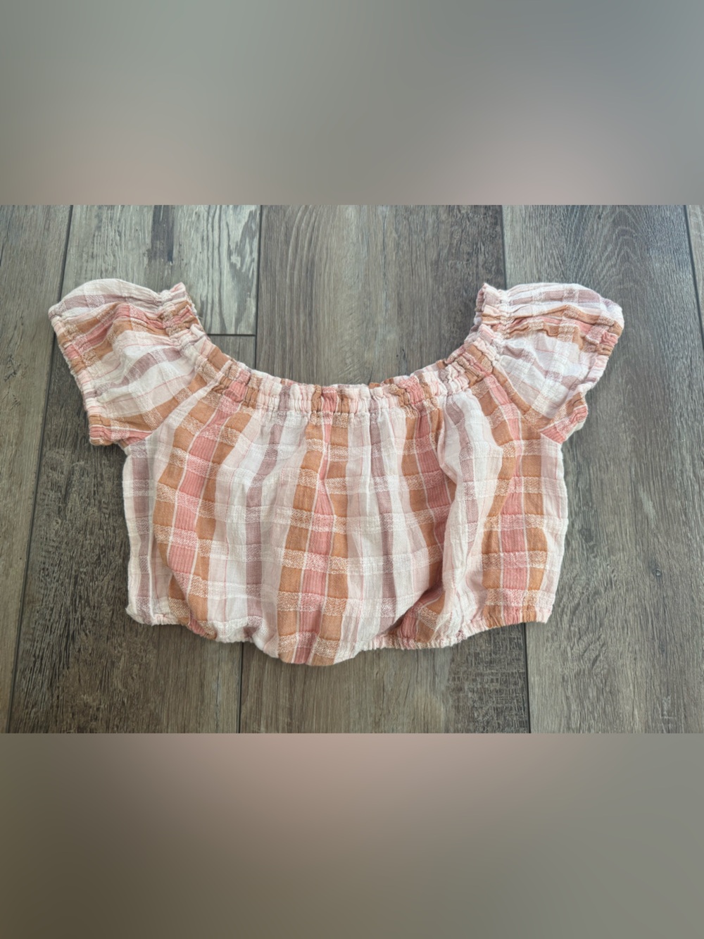 aerie Pink-Peach and Cream Plaid Off-Shoulder Crop Top